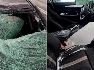 Horror na drodze! Tafla śniegu z tira przebiła szybę BMW [ZDJĘCIA]